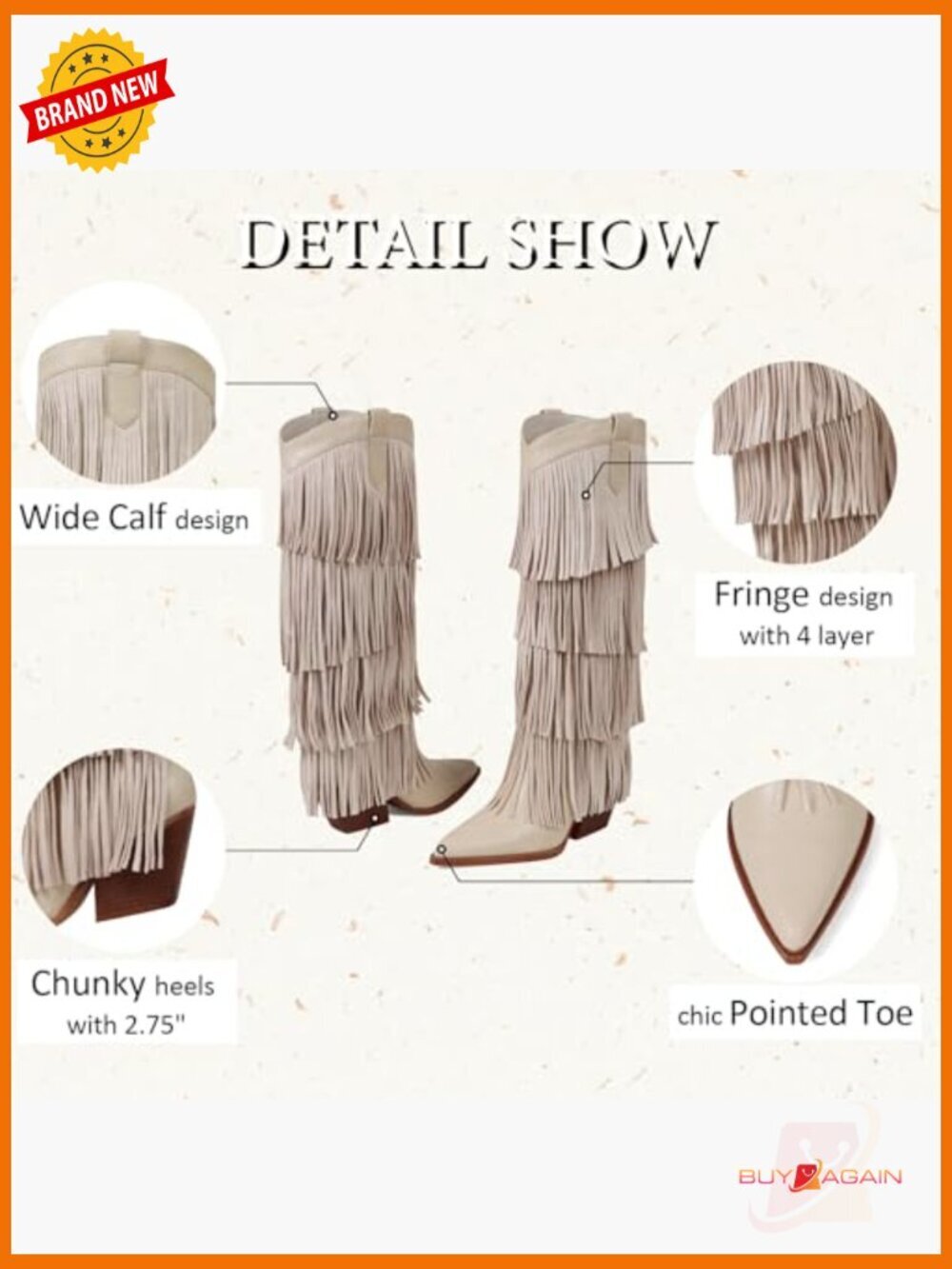 Fringe Knee High Cowboy Boots Chunky Heel Western Pointed Toe Slip on Wide Calf - Picture 5 of 7